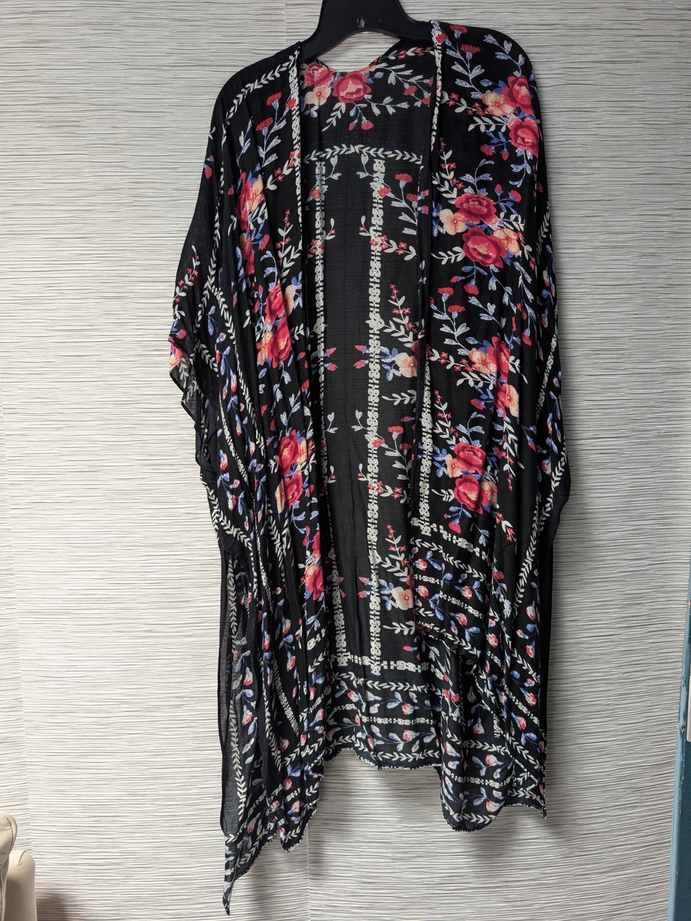 lovestitch Black Floral Open Front Kimono with Pink Roses